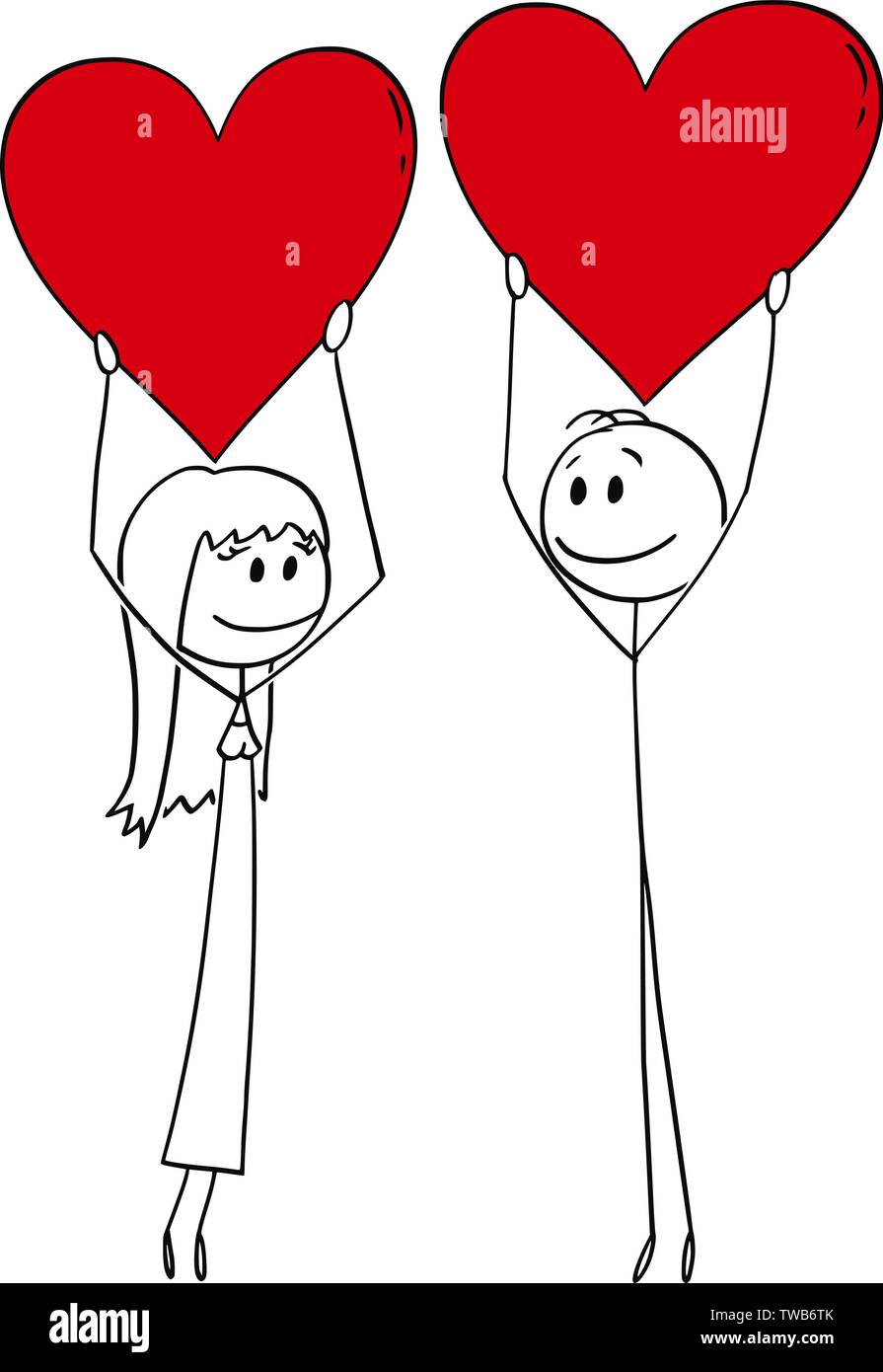 Vector cartoon stick figure dessin illustration conceptuelle du couple hétérosexuel de l'homme et de la femme à la date holding big coeurs rouges. Illustration de Vecteur