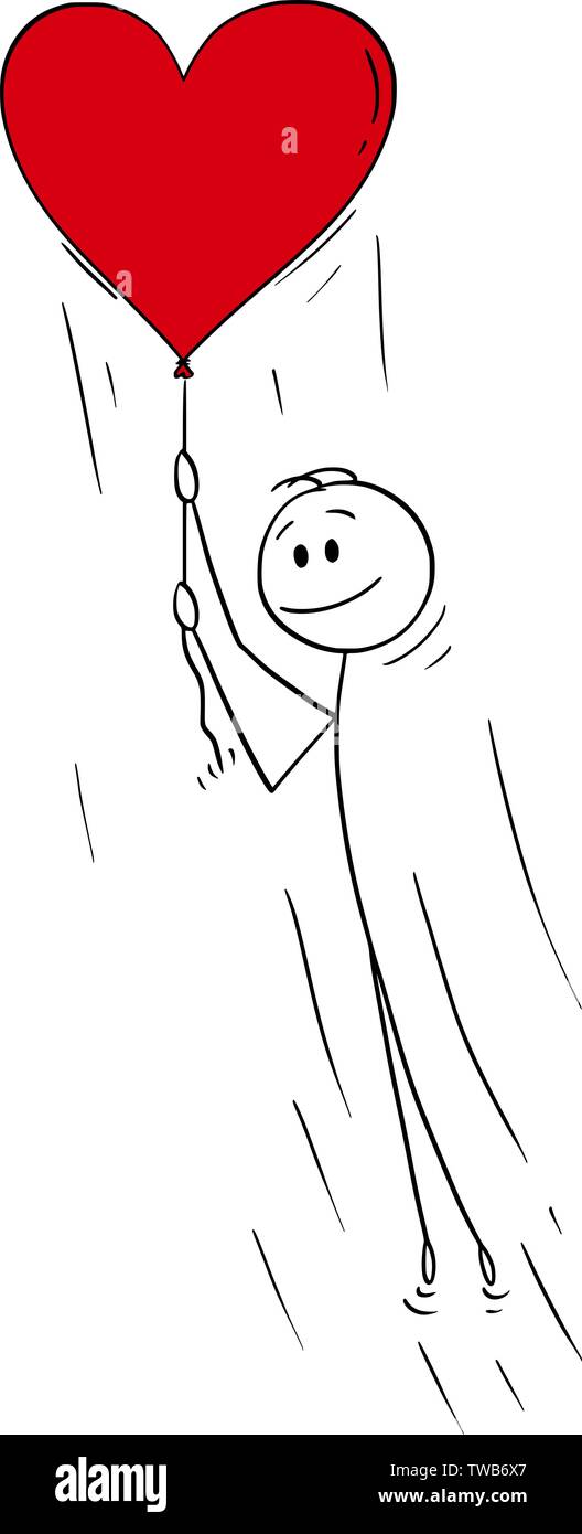 Vector cartoon stick figure dessin illustration conceptuelle de l'homme dans l'amour holding rope big red flying ballon gonflable. Illustration de Vecteur