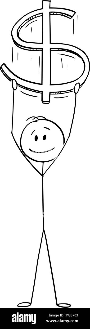 Vector cartoon stick figure dessin illustration conceptuelle de l'homme ou businessman holding big dollar symbole de devise. Concept d'entreprise. Illustration de Vecteur
