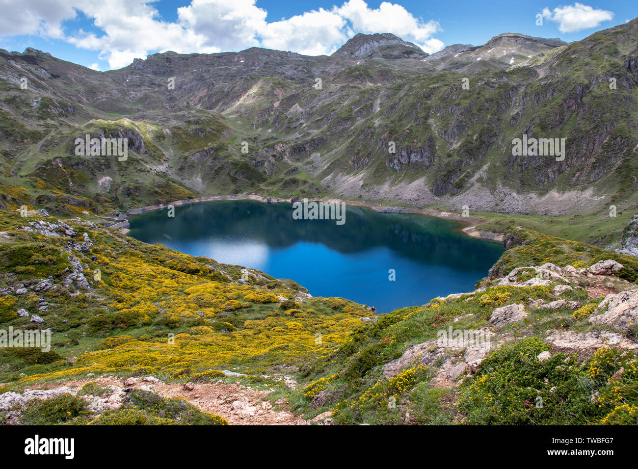 Calabazosa ou noir Le lac glaciaire dans le parc national de Somiedo, Asturies, Espagne. Saliencia Lacs de montagne. Vue de dessus de la vue. Genista occiden Banque D'Images