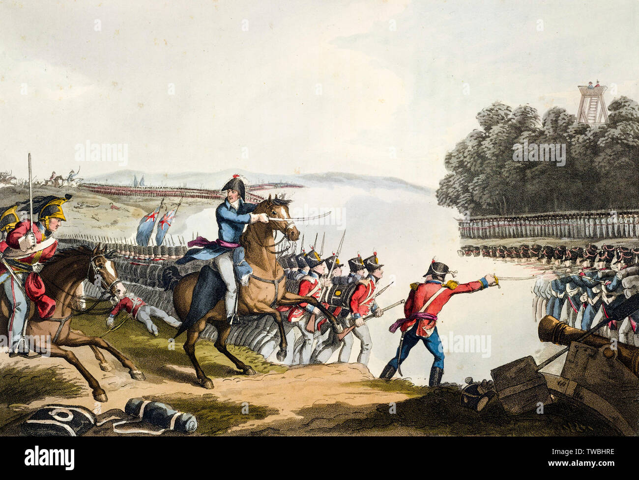Le duc de Wellington, menant une charge sur la garde impériale française à la bataille de Waterloo, 18 juin 1815, gravure, 1819 Banque D'Images