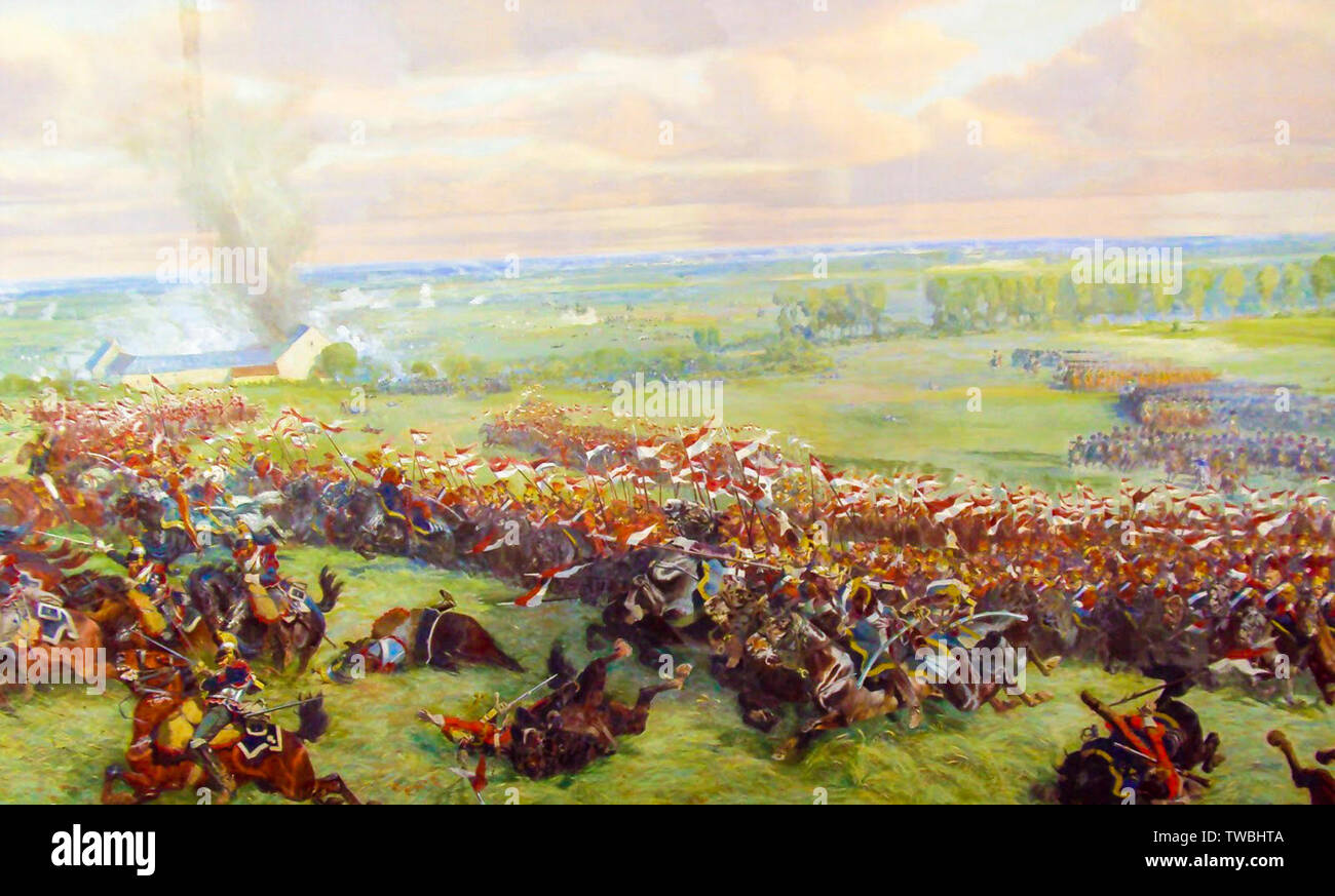 Charge de la cavalerie de la Garde Impériale lors de la bataille de Waterloo, peinture, 1912 Banque D'Images