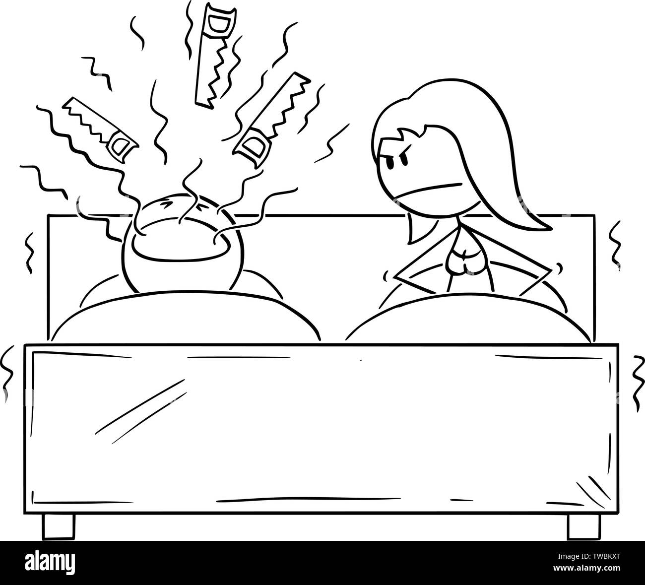 Vector cartoon stick figure dessin illustration conceptuelle du couple au lit dans la chambre. L'homme est le ronflement bruyant et la femme ne peut pas dormir. Illustration de Vecteur