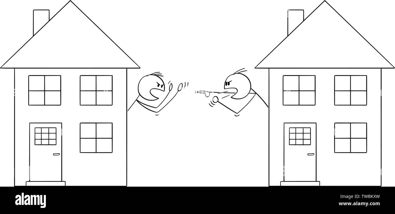 Vector cartoon stick figure dessin illustration conceptuelle des deux hommes ou des voisins à la fenêtre de maisons de famille et soutenant ou ayant lutte. Illustration de Vecteur