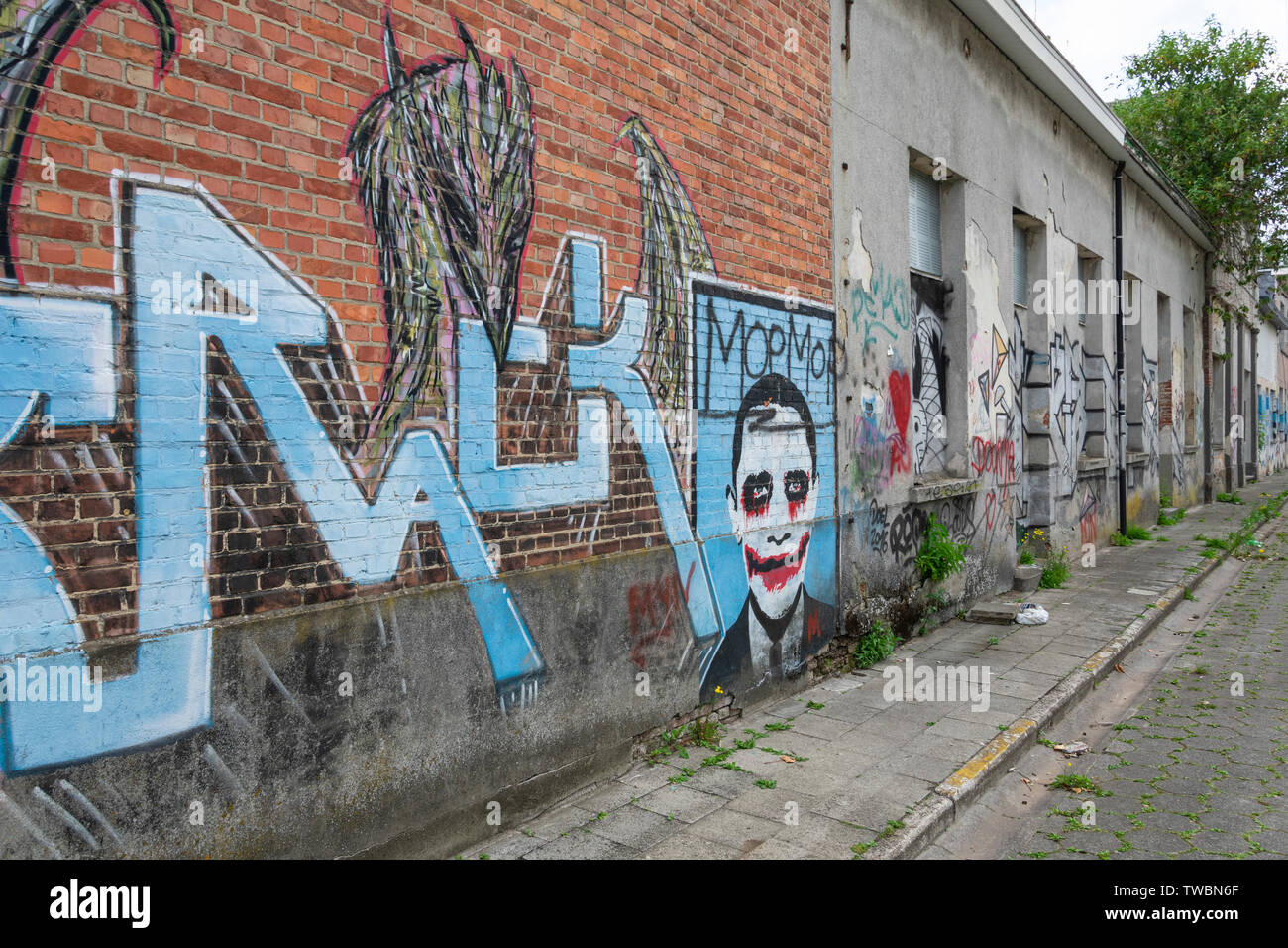 Doel, Belgique 10 juin 2019, rue déserte où les maisons sont barbouillés de graffitis Banque D'Images