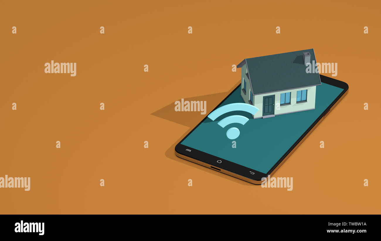 Smart home concept, télécommande avec smartphone, connexion Wi-Fi au réseau local, copyspace, vue isométrique (rendu 3d) Banque D'Images