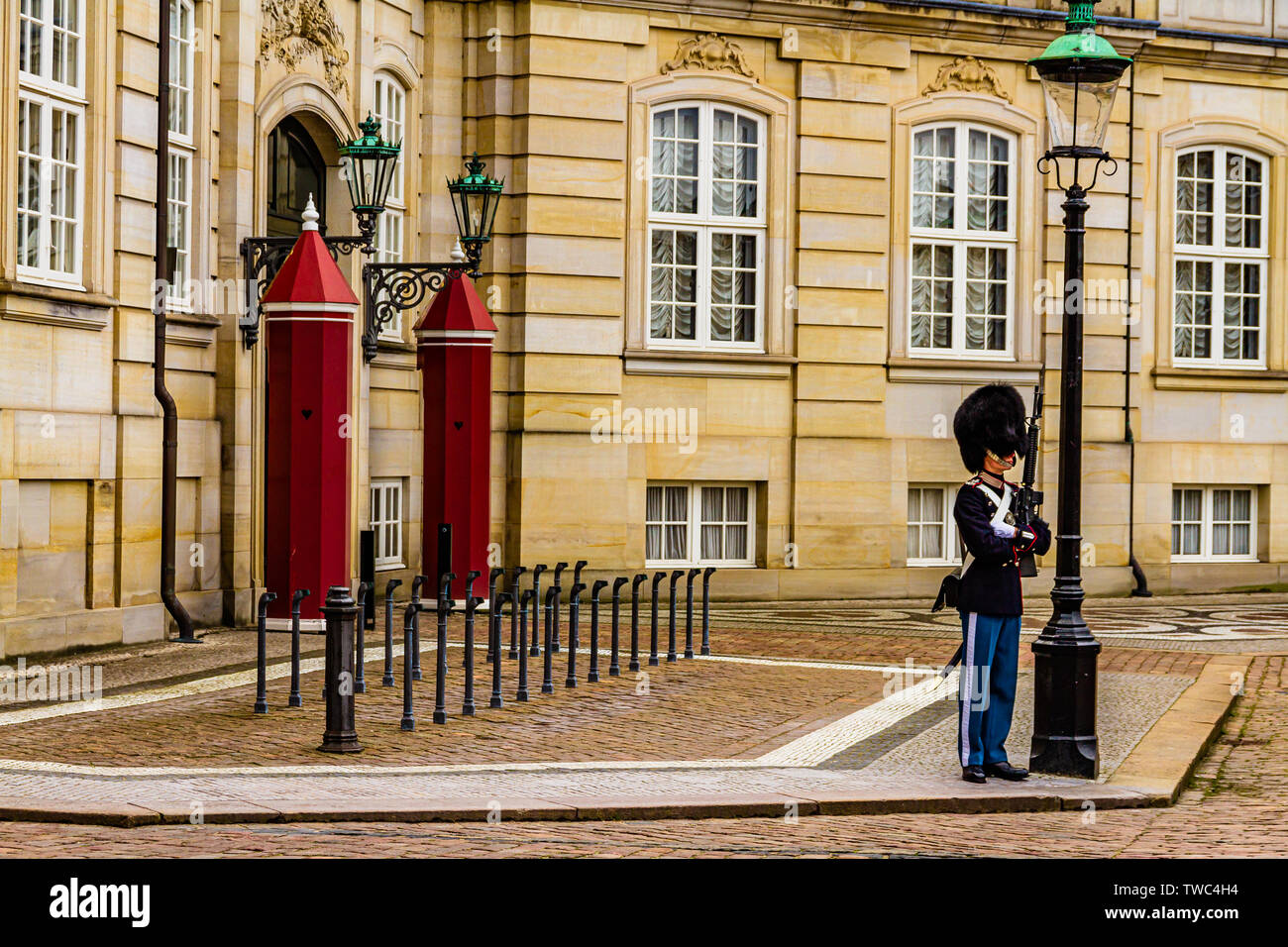 Une garde royale danoise à l'extérieur de la résidence royale du Palais d'Amalienborg, Copenhague, Danemark. Janvier 2019. Banque D'Images