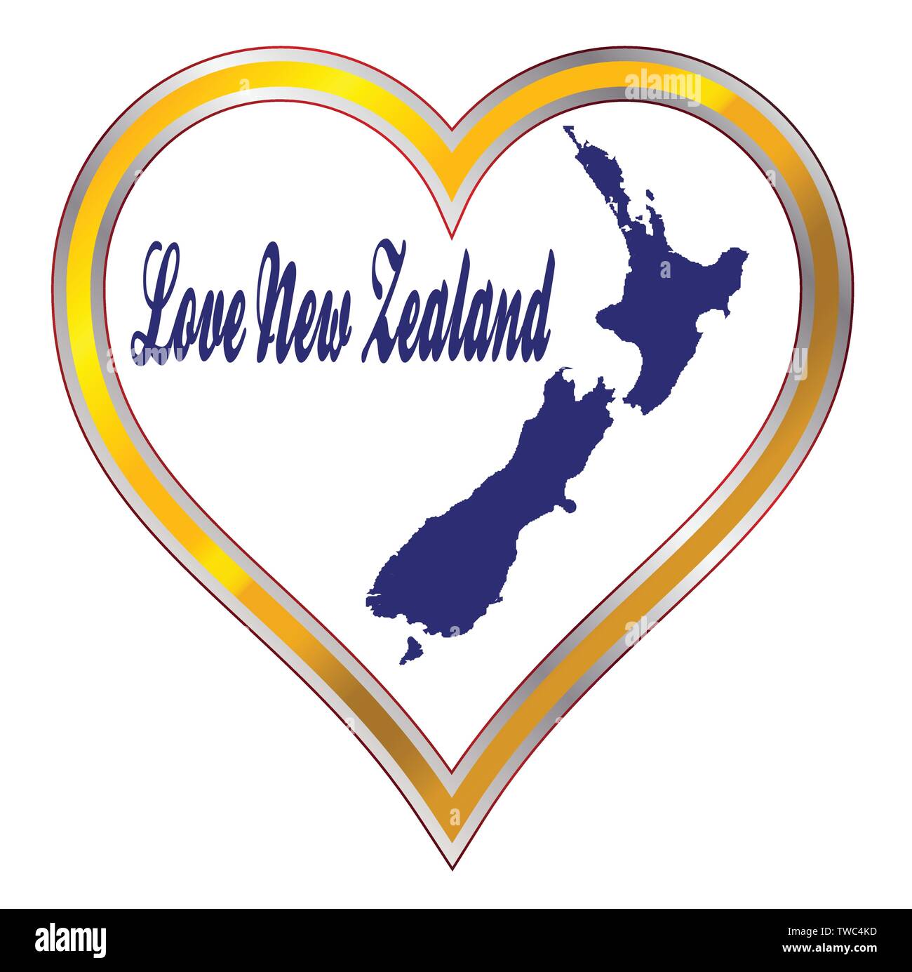 Carte de la Nouvelle-Zélande avec coeur d'amour et du texte sur un fond blanc Illustration de Vecteur