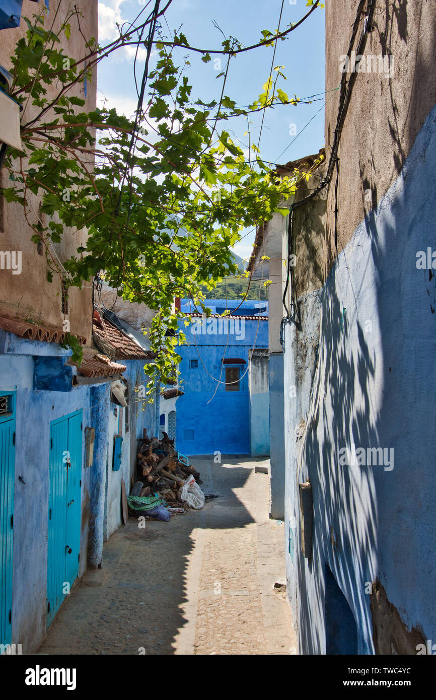 L'une des ruelles traditionnelles de la ville de Chaouen, au nord du Maroc Banque D'Images