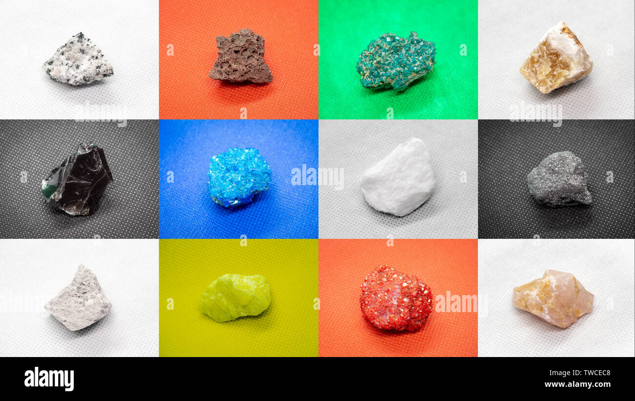 Ensemble d'échantillons géologiques différentes des eaux minérales naturelles et sur différentes couleurs différentes Banque D'Images