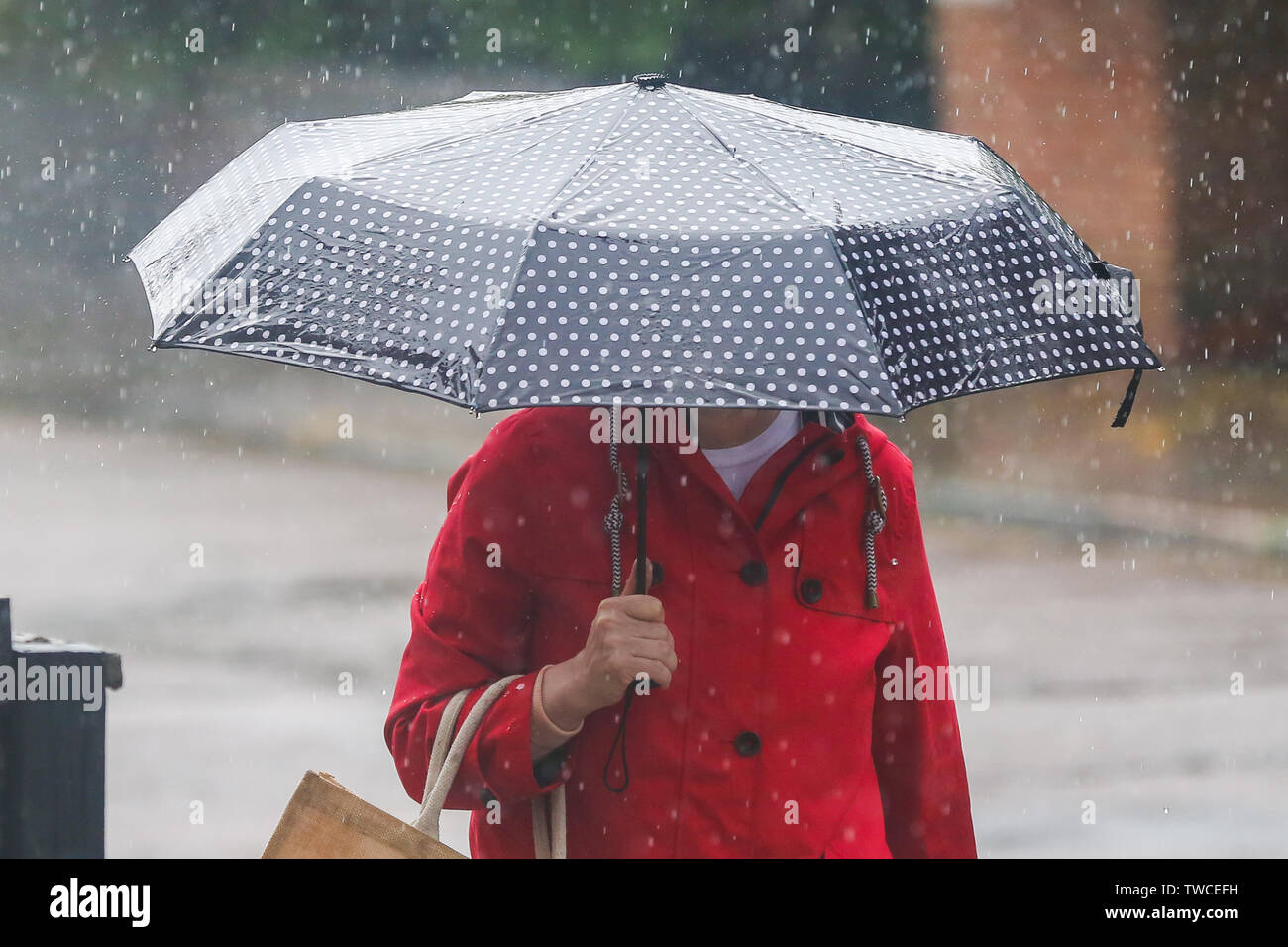 Les refuges d'une femme de la pluie sous un parapluie au cours de l'averse lourde à Londres Banque D'Images