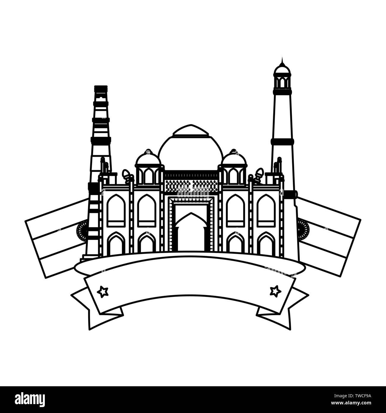 Bâtiment indien Taj Mahal avec des drapeaux Illustration de Vecteur