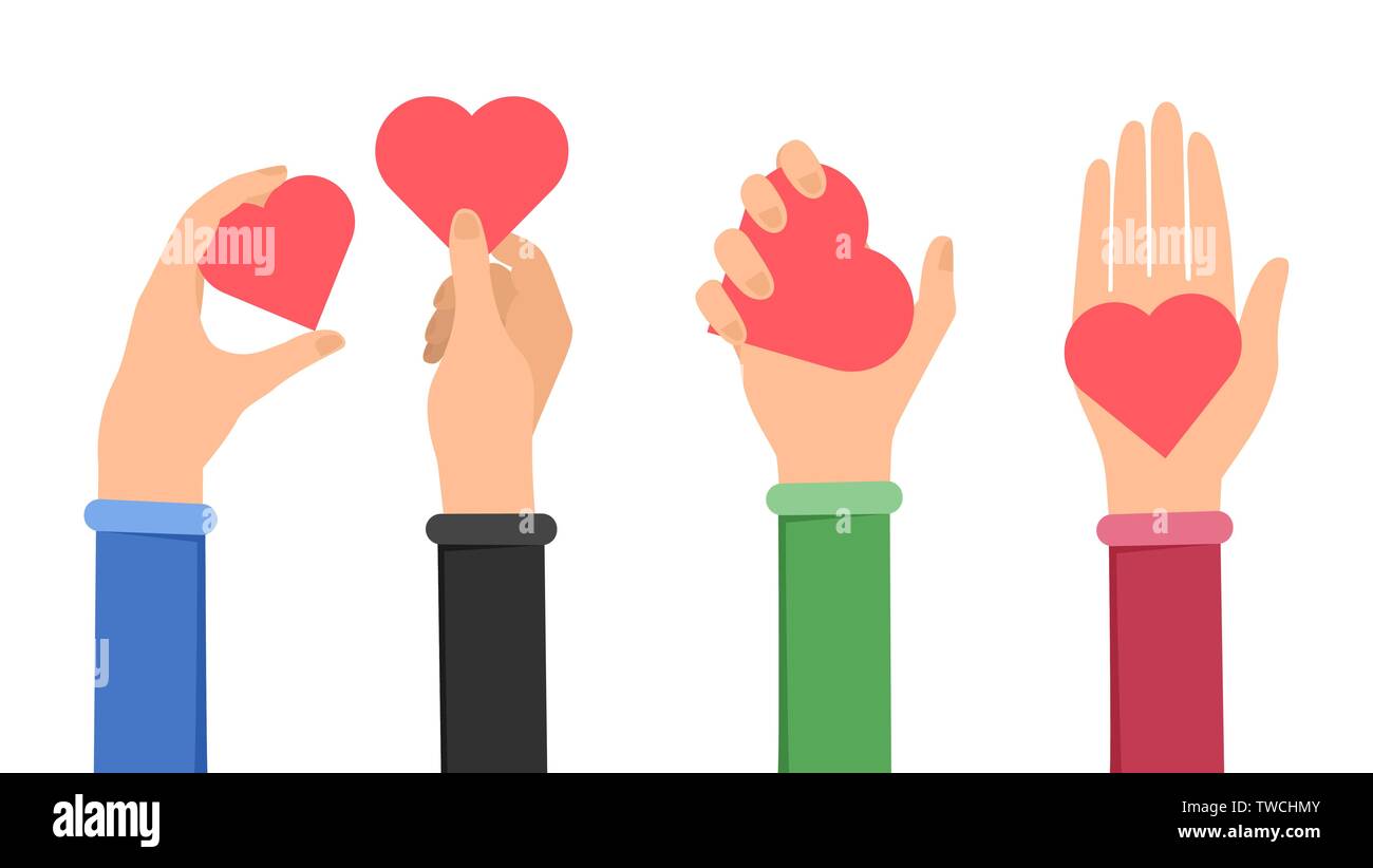 Partager l'amour et la paix télévision illustration. Mains tenant cœurs symbolisant la bonté, la générosité. Le travail d'équipe, de partenariat et de coopération dans la charité, le bénévolat, l'aide humanitaire, faisant des dons Illustration de Vecteur
