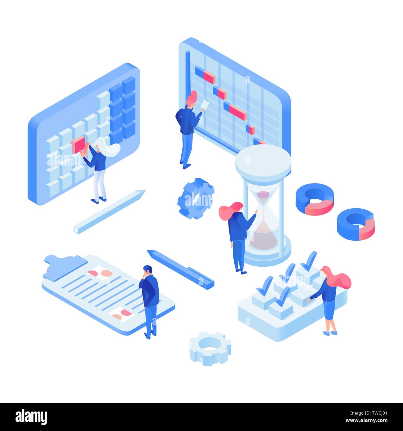 Les experts de planification planning illustration isométrique. Cartoon manager, homme d'affaires, secrétaire date limite de marquage. Planning des rendez-vous, réunions, événements importants de planification d'événements office futuriste Illustration de Vecteur