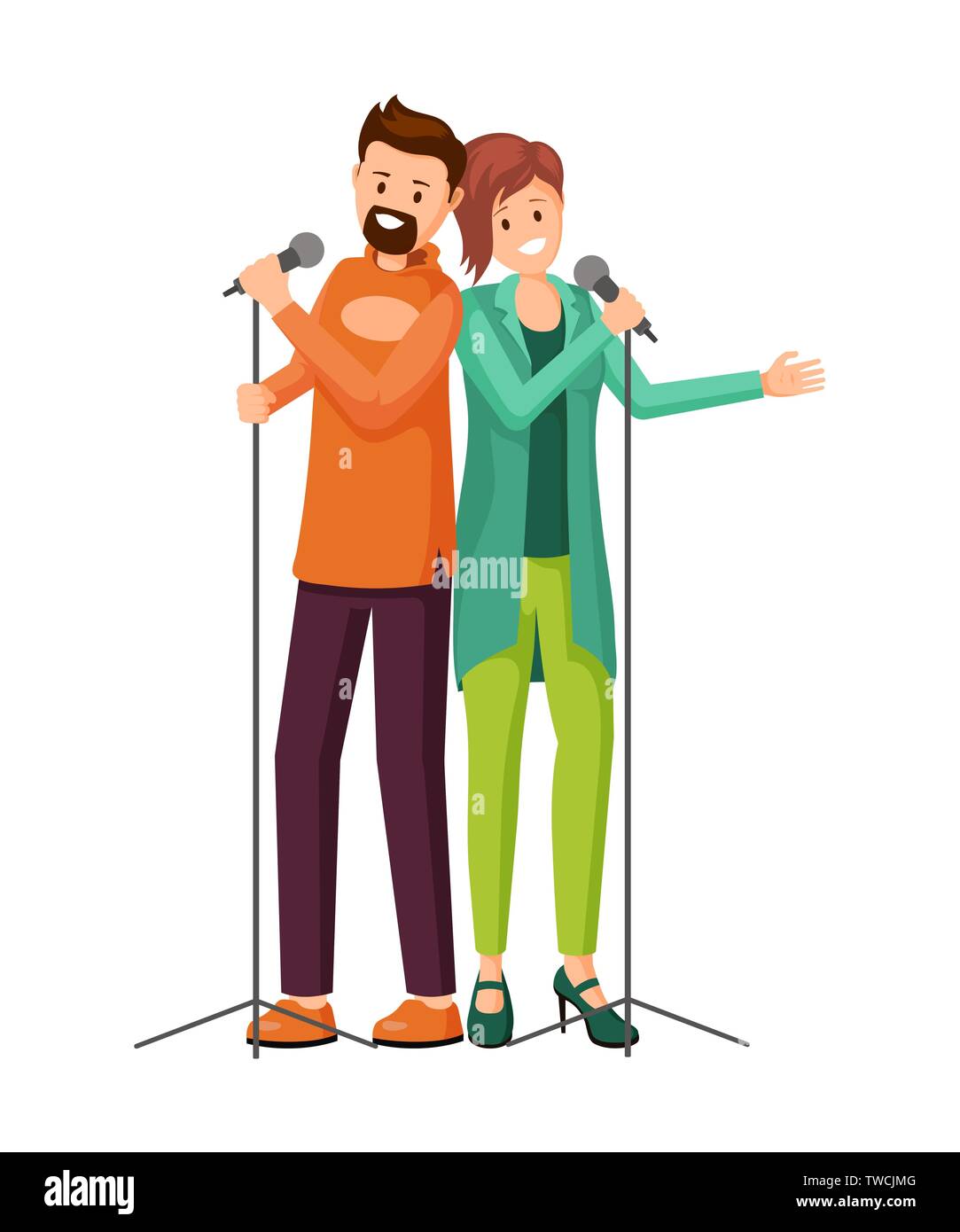 Couple de chanteurs télévision vector illustration. Cartoon hommes, les chanteurs chanter en duo les caractères isolés. Barbu, chic girl enjoying karaoke performance, avoir du plaisir sur scène Illustration de Vecteur