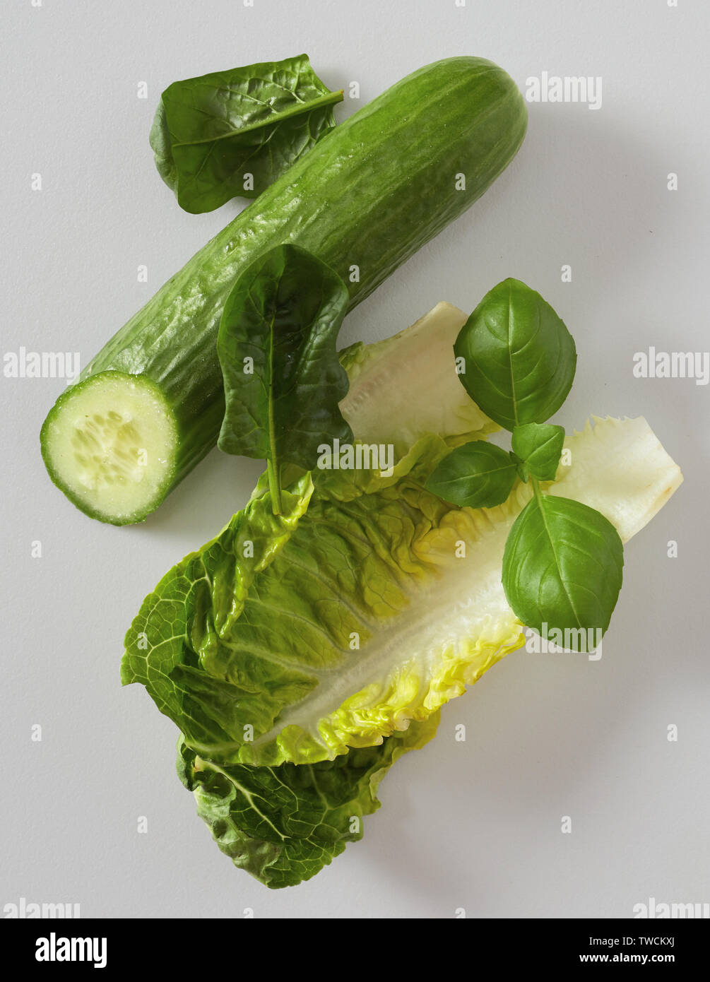 Nara chinois avec le chou pak-choï, branche de basilic frais et concombre pour faire une savoureuse salade verte sur un fond gris clair Banque D'Images