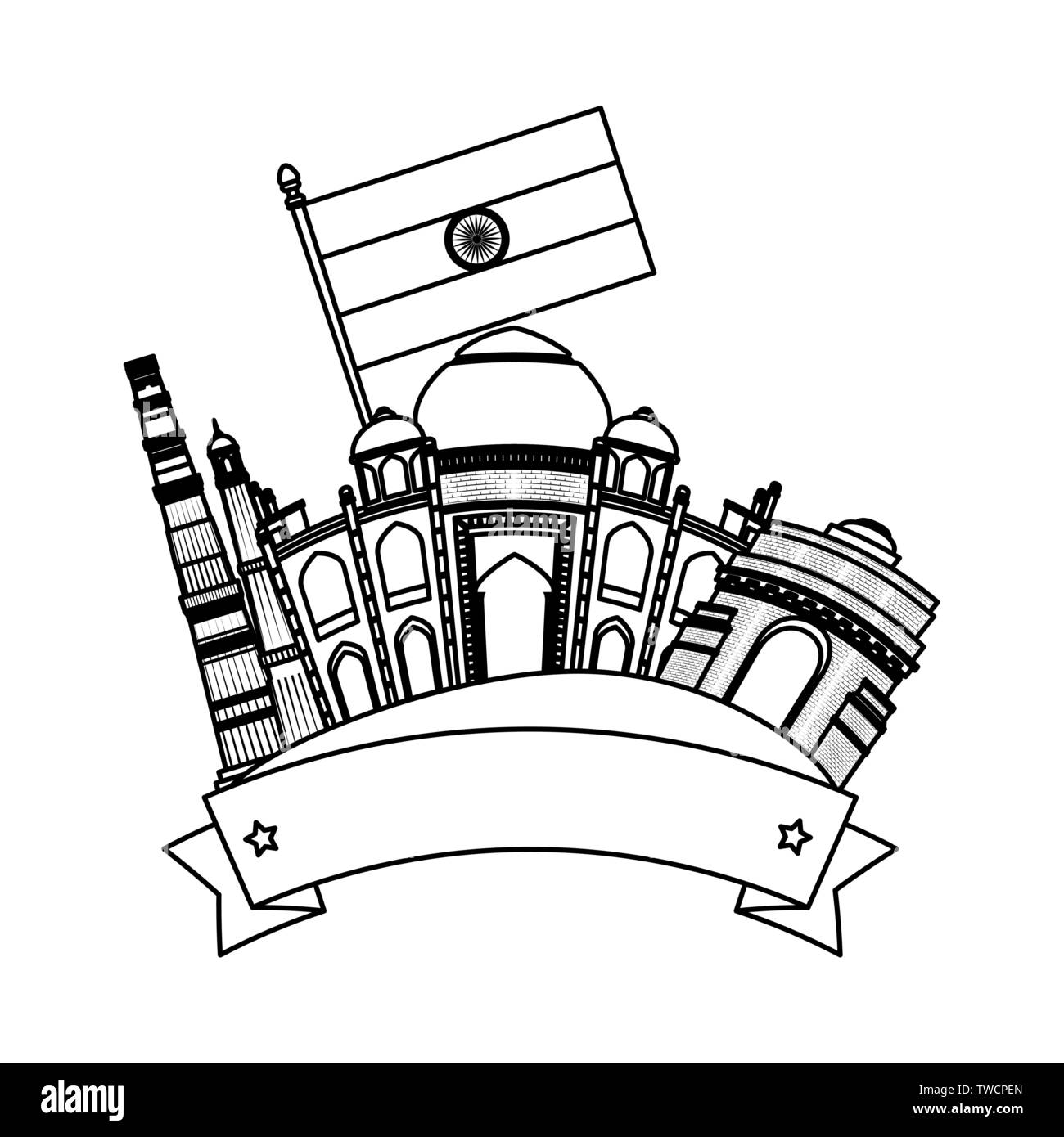 Monuments Bâtiments indiens avec des drapeaux Illustration de Vecteur