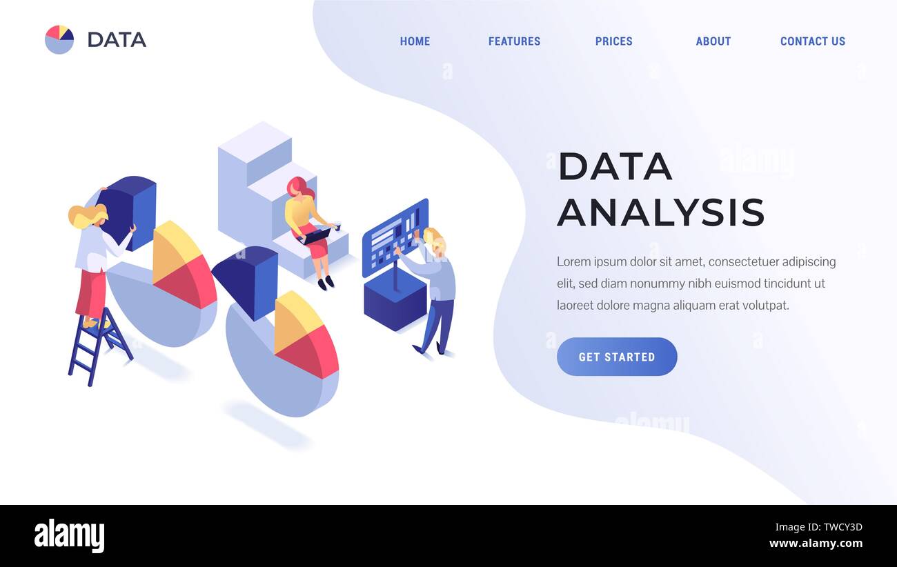 Analyse des données landing page concept. Les personnes travaillant avec des diagrammes, de l'information et ordinateurs portables vector illustration isométrique Illustration de Vecteur