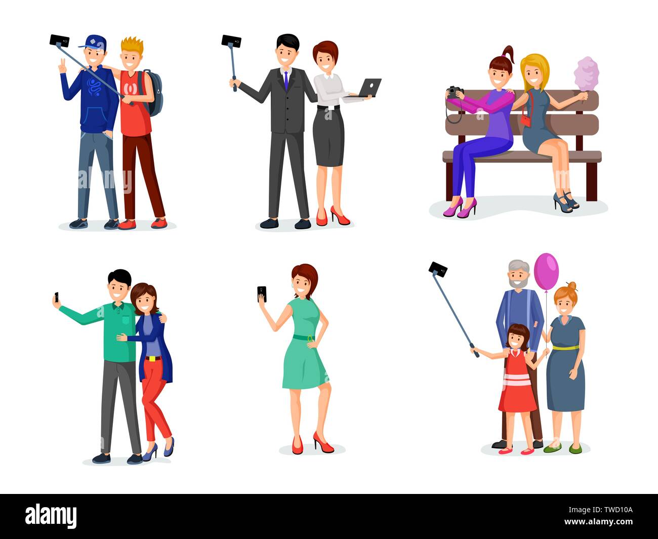 Les gens qui prennent l'illustration vectorielle selfies set. Amis, famille, collègues de poser pour la photo des personnages de dessins animés. L'amitié, de vie moderne et branché, isolés de loisirs télévision design elements Illustration de Vecteur