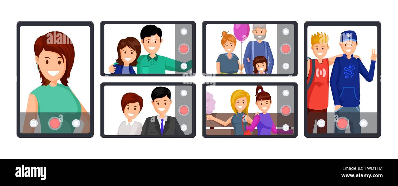 Appel vidéo de groupe, conférence vector illustration. Les personnes prenant de l'enregistrement vidéo, selfies en live streaming, personnages de dessins animés. La communication en ligne, la technologie mobile, les blogs business cliparts set Illustration de Vecteur
