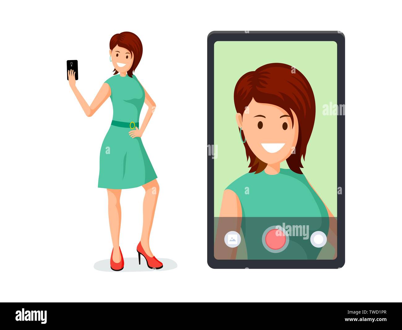 Jeune femme prenant l'illustration vectorielle selfies. Beautiful smiling lady l'enregistrement de vidéo message personnage. Blog de mode, femme gaie blogger qui pose pour photo, vie internet design plat Illustration de Vecteur