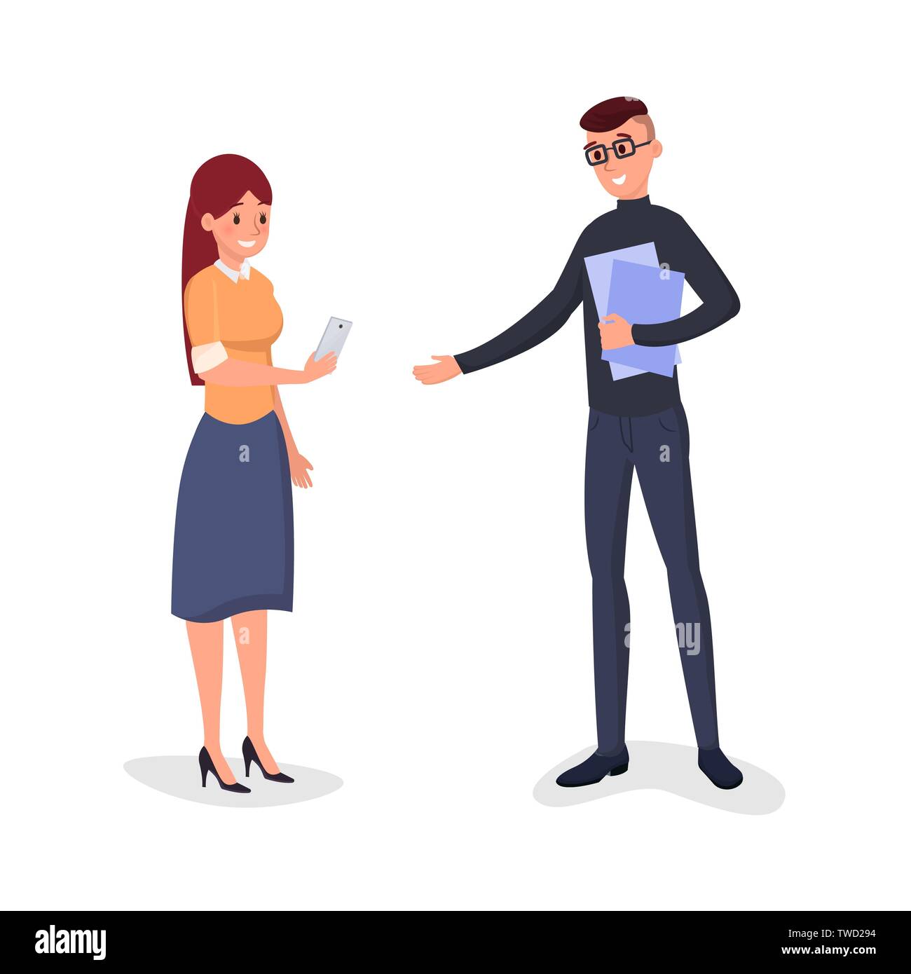 Les travailleurs de l'entreprise illustration vecteur de conversation. Joyeux collègues étudiants, personnages de dessins animés. Réunion d'entrevue d'emploi, de l'emploi discussion, recrutement, headhunting modèle plat Illustration de Vecteur