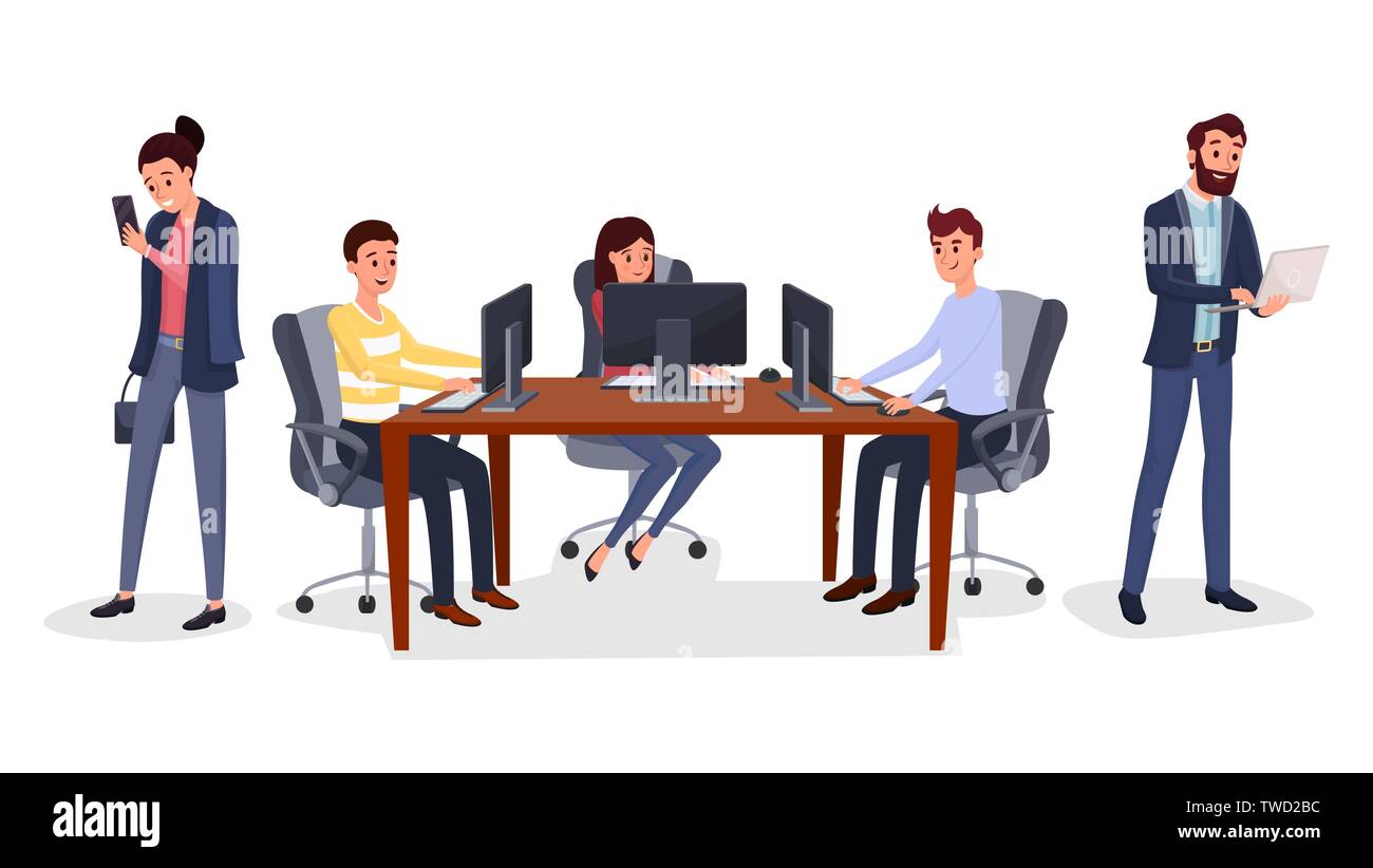 Développement multi plateforme vector illustration. Smiling hommes et femmes travaillant ensemble de personnages de dessins animés. Collègues d'équipe, le processus de programmation, coworking, réunion d'entreprise, de formation modèle plat Illustration de Vecteur