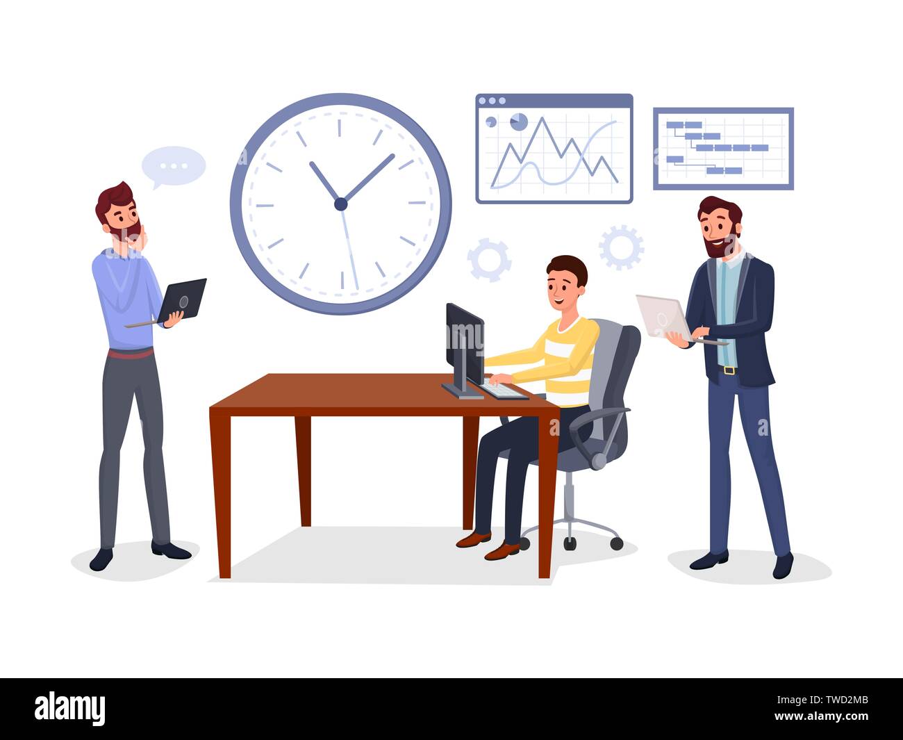 Réunion d'affaires collègues vector illustration. Smiling men travailler avec les ordinateurs de personnages de dessins animés. Développement multi-plates-formes, des gens d'affaires Processus de travail, les collègues de brainstorm design plat Illustration de Vecteur