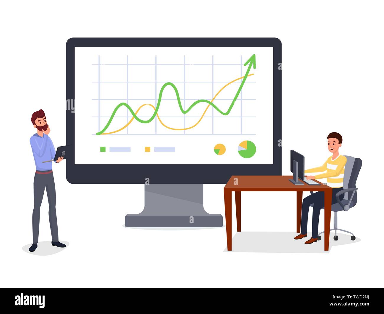 La présentation d'affaires, rapport vector illustration. Businessman et d'assistant personnel de personnages de dessins animés. L'éducation financière, état, stock market metrics, prévision de bénéfice, l'analyse des données Illustration de Vecteur