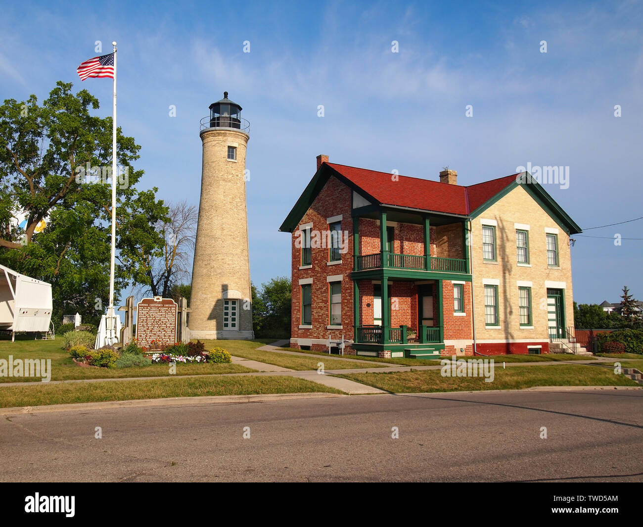 KENOSHA, WI - Juillet 28, 2018 : Le phare de Kenosha et maison du gardien, aussi parfois appelée Southport La lumière pour l'un de c'est l'ancien nom, sur Simmons Banque D'Images