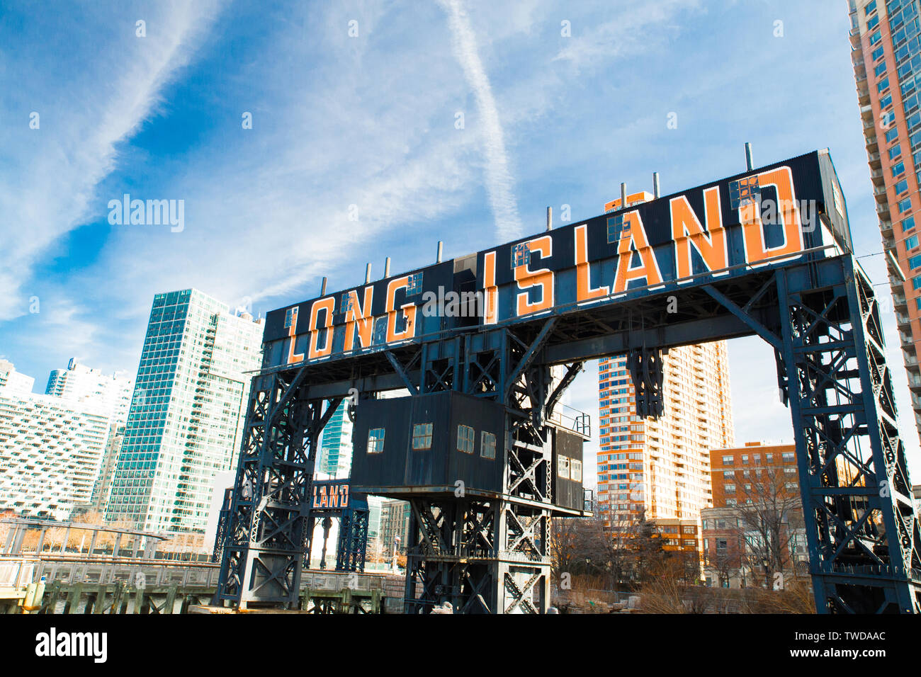Long Island historique sign vu de bras State Park à Long Island City, Queens New York Banque D'Images