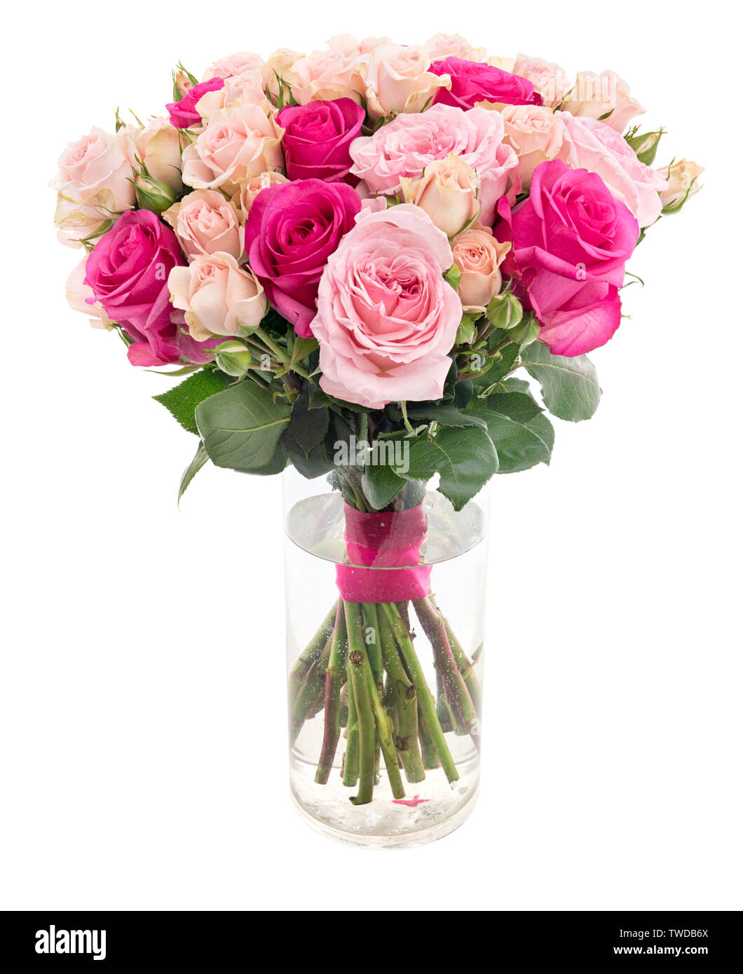 Bouquet de belles roses dans un vase en verre isolé sur fond blanc Banque D'Images