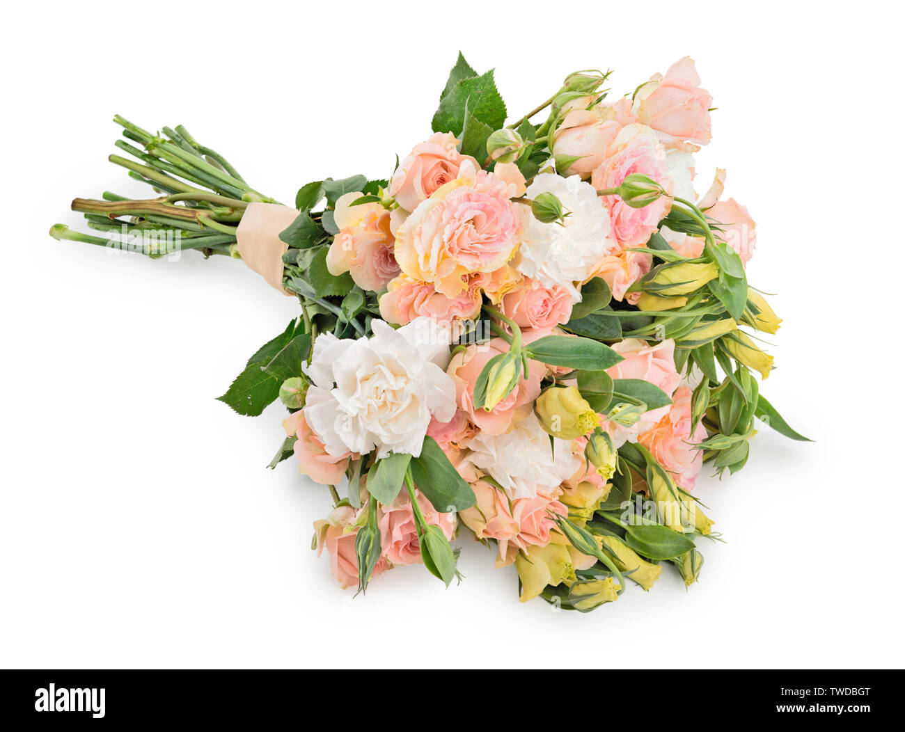 Magnifique bouquet de fleurs rose tendre sur fond blanc Banque D'Images