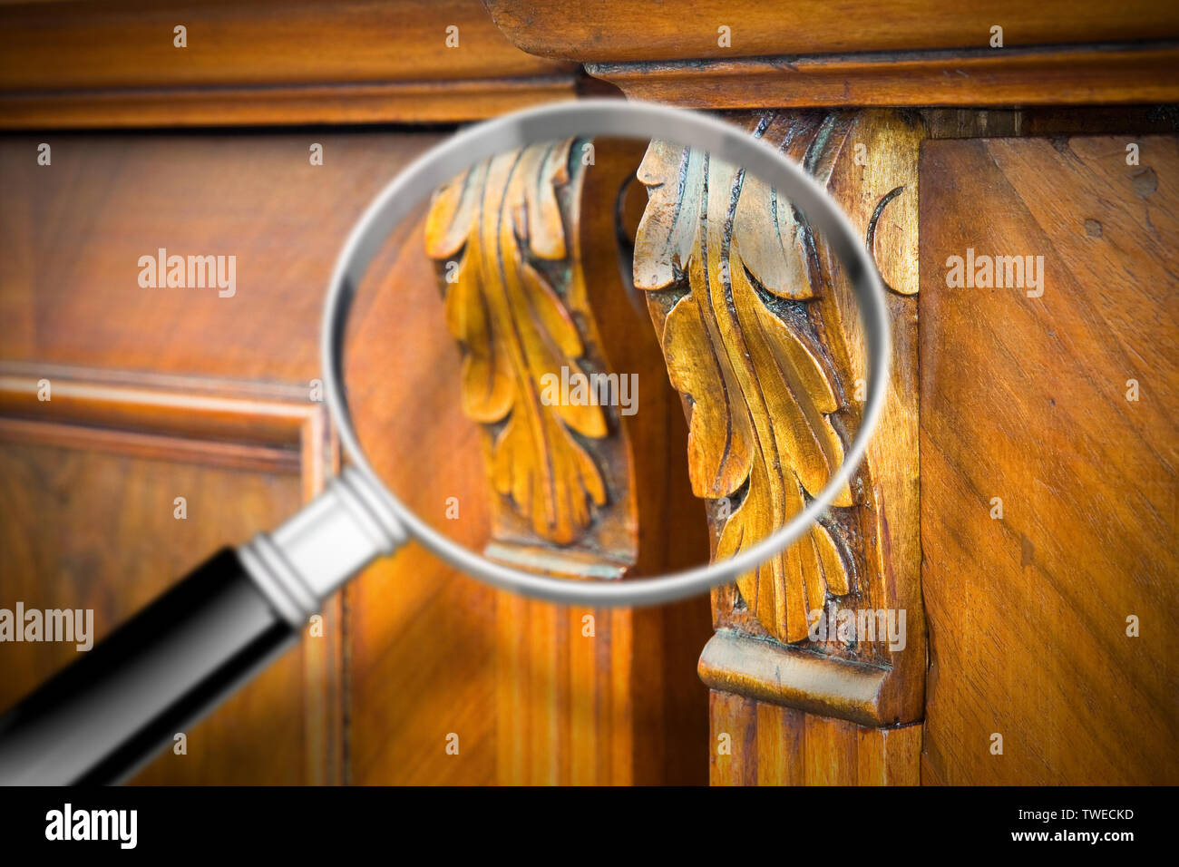 Détail d'un mobilier italien en bois ancien restauré avec juste une loupe sur le premier plan à la détection des menaces woodworm Golf Polo Banque D'Images