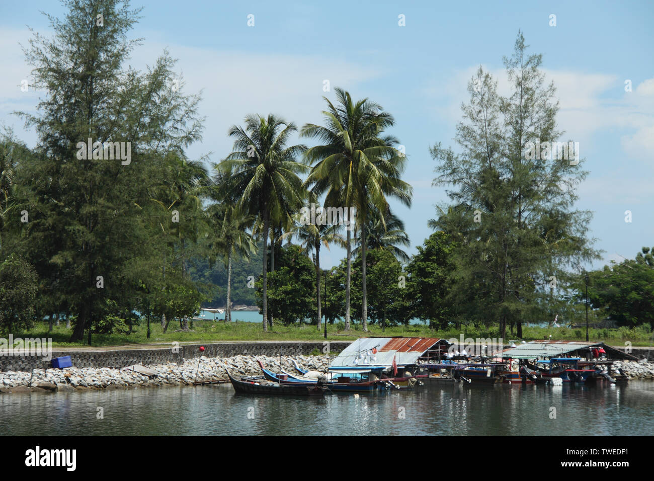 Bateaux amarrés à un quai, parc du port de Telaga, île de Langkawi, Malaisie Banque D'Images
