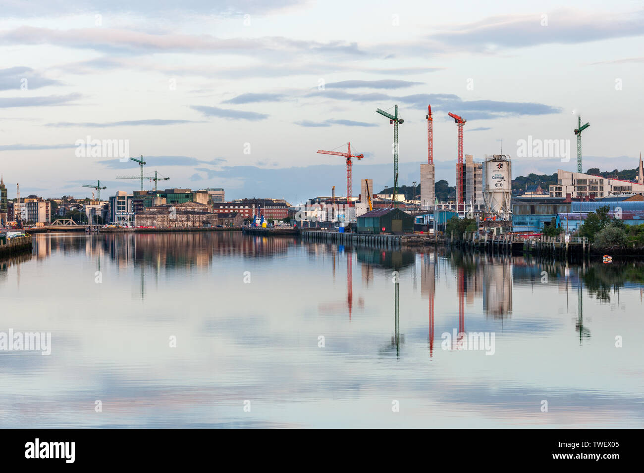 La ville de Cork, Cork, Irlande. 20 Juin, 2019. Grues dominent l'horizon de la ville avec de nouveaux développements à l'ancienne brasserie Beamish & Crawford et Banque D'Images