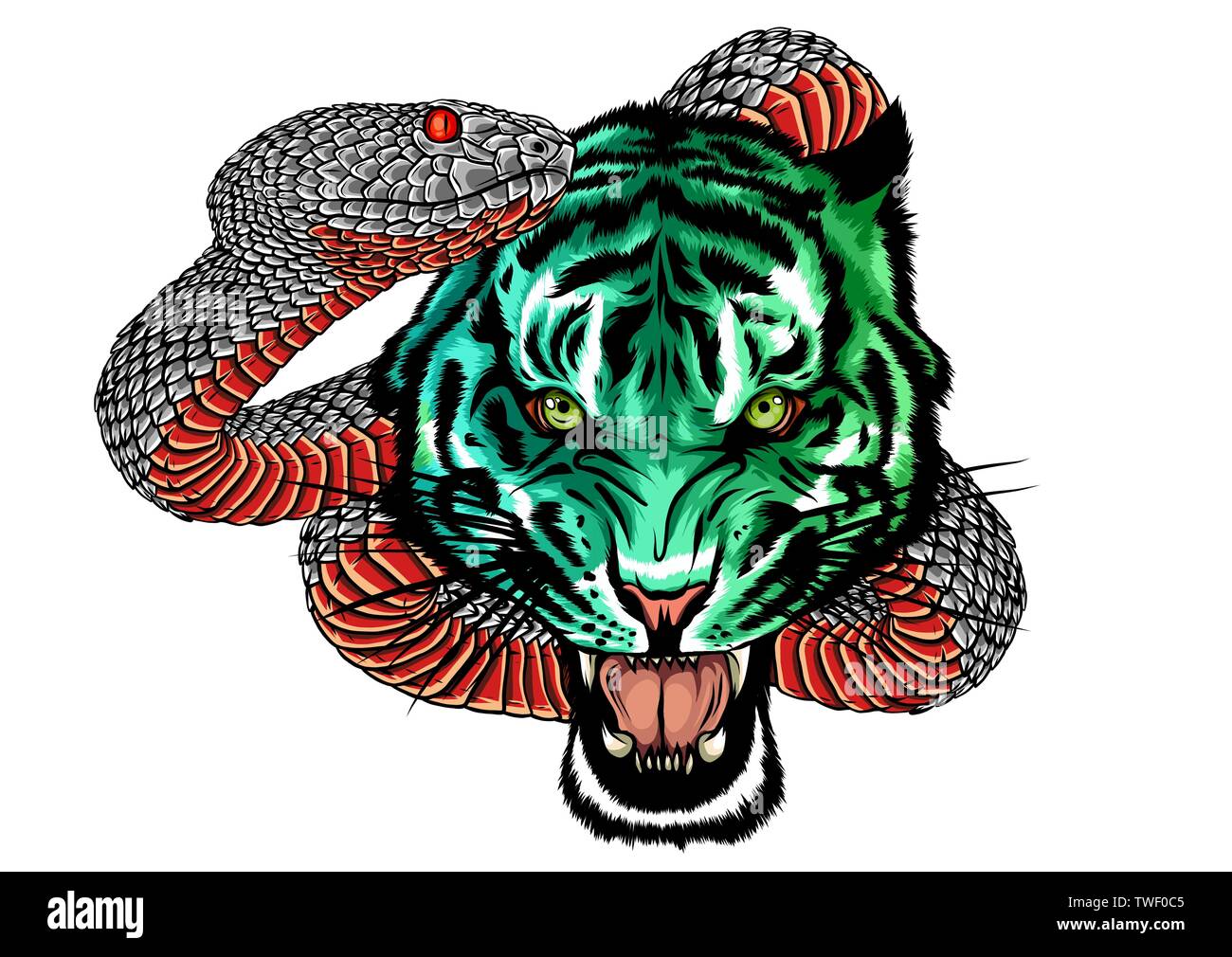 Combat du tigre et serpent, tatouage vector illustration Illustration de Vecteur