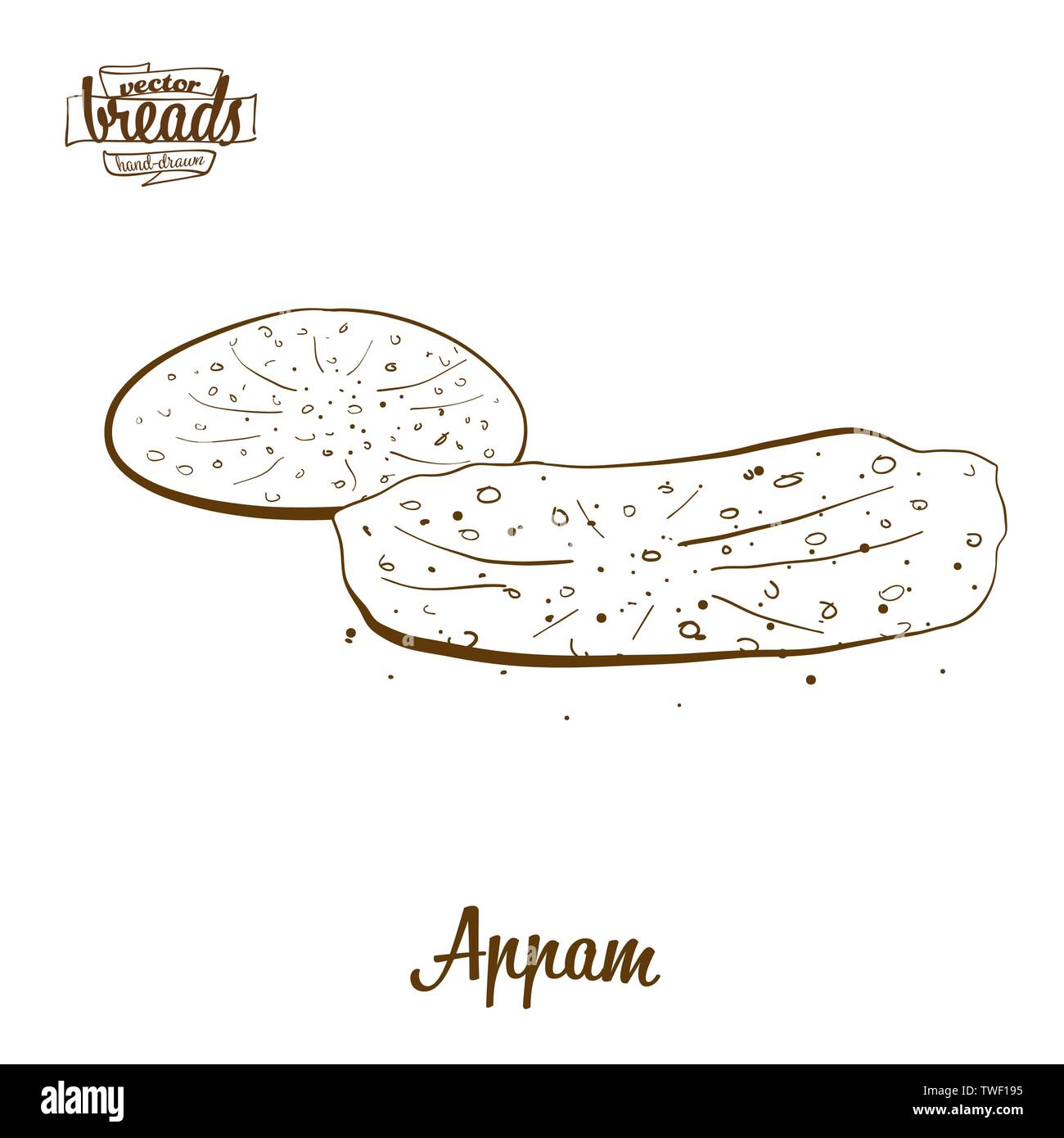 Appam pain dessin vectoriel. Croquis de l'alimentation varie largement, généralement connu dans l'Inde. Série d'illustration de boulangerie. Illustration de Vecteur