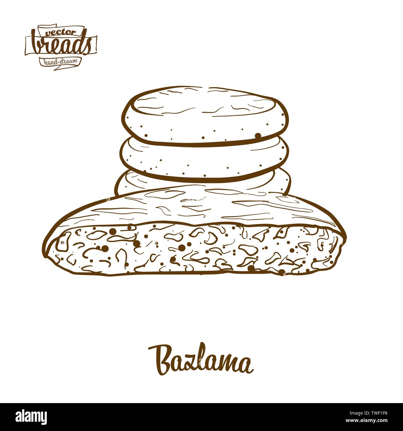 Pain Bazlama dessin vectoriel. L'esquisse de pain plat, habituellement connu en Turquie. Série d'illustration de boulangerie. Illustration de Vecteur