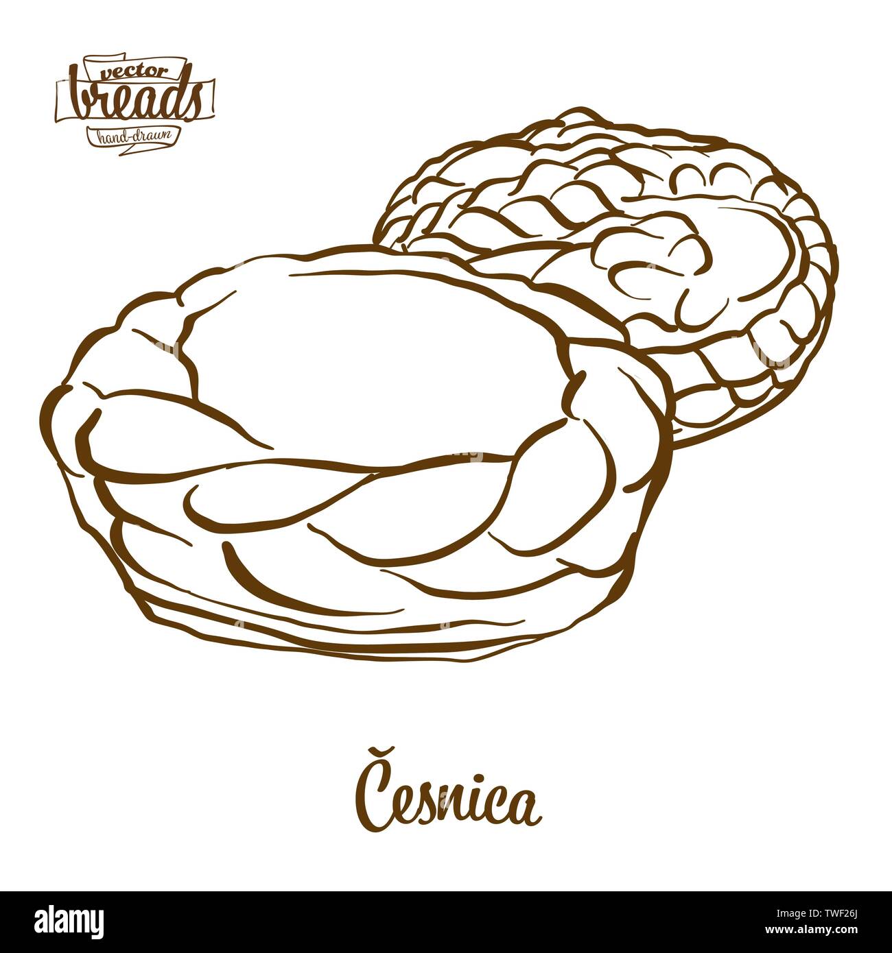 Cesnika pain dessin vectoriel. Croquis de l'alimentation de soda bread, généralement connu en Serbie. Série d'illustration de boulangerie. Illustration de Vecteur