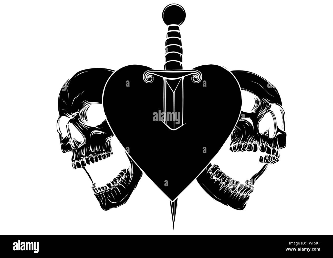 Beaux crânes romantique avec épée et élégante gerbe de fleurs à l'intérieur du cœur. Encre sur carte de fond vintage. Tattoo vintage design Illustration de Vecteur