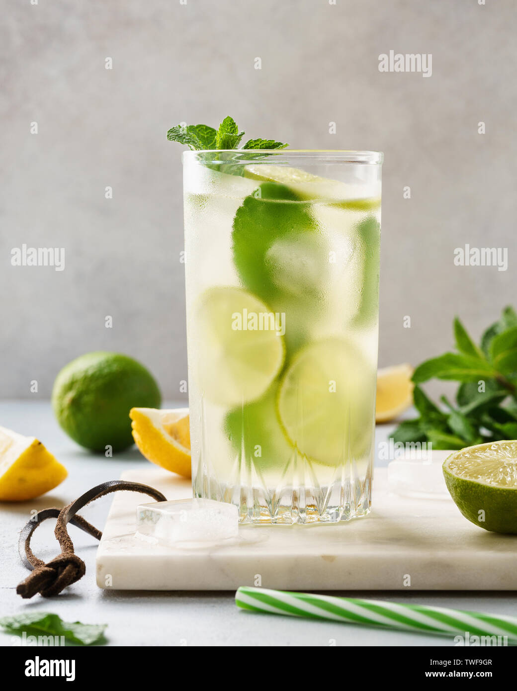 Boire de l'eau gazeuse limonade au jus de citron, de lime et de menthe fraîche dans un verre. Banque D'Images