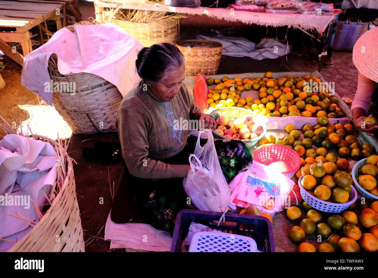 Une femme birmane packs oranges dans un marché de village au Myanmar. Banque D'Images