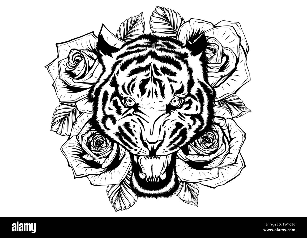 Vector illustration de tête de tigre rugissant et roses tattoo Illustration de Vecteur