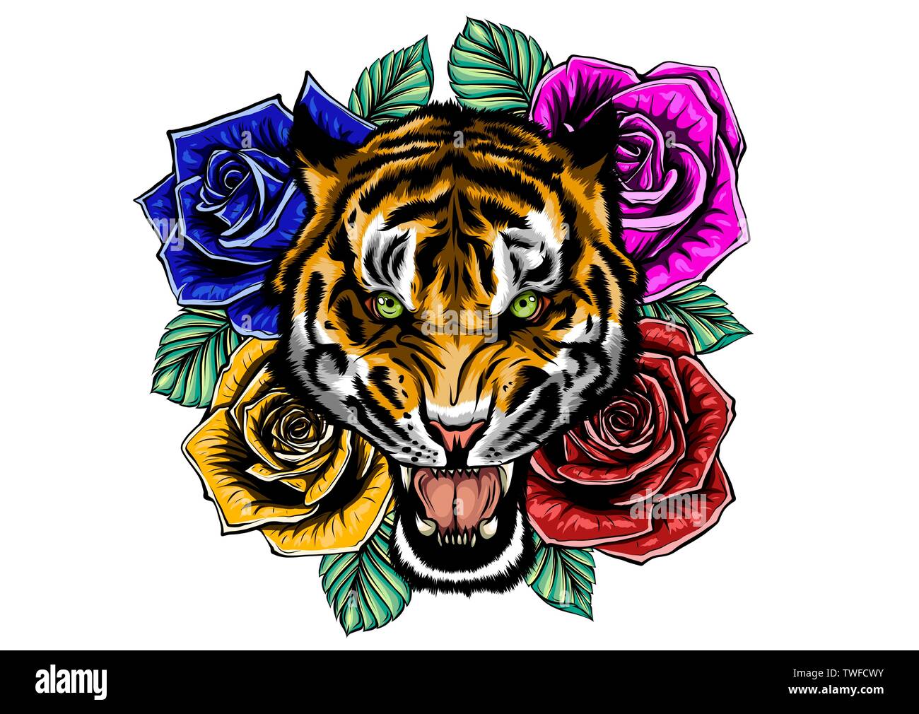 Vector illustration de tête de tigre rugissant et roses tattoo Illustration de Vecteur