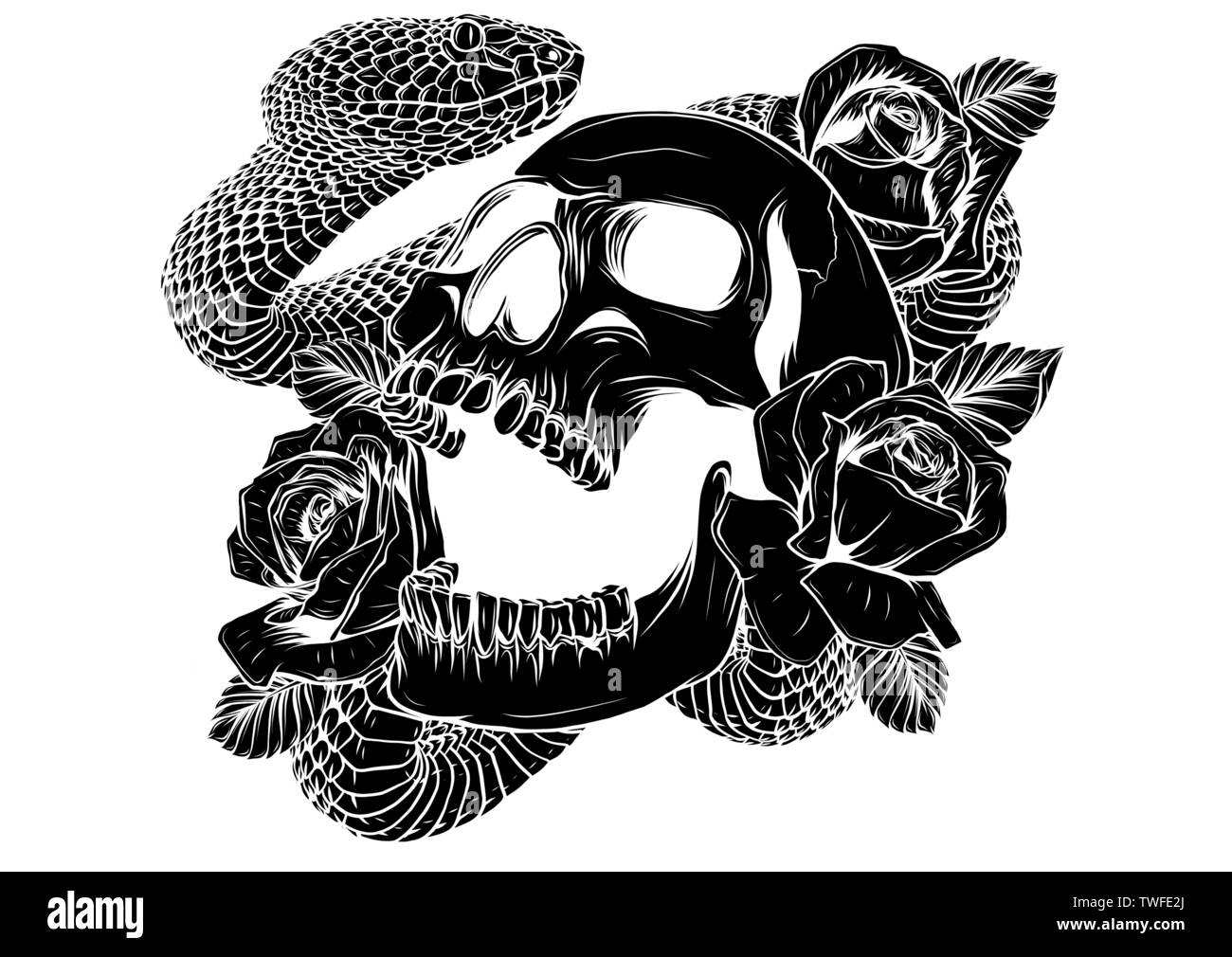 Conception de tatouage coloré avec crâne, roses et serpent. illustration. Illustration de Vecteur