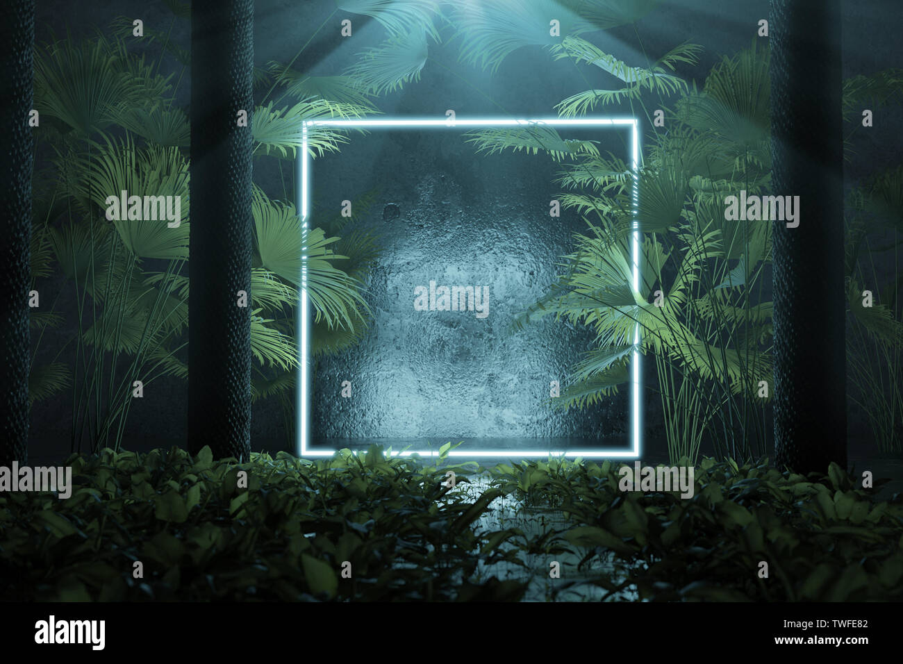Le rendu 3D de forme carré bleu alléger avec faisceau de lumière entouré de palmiers Banque D'Images