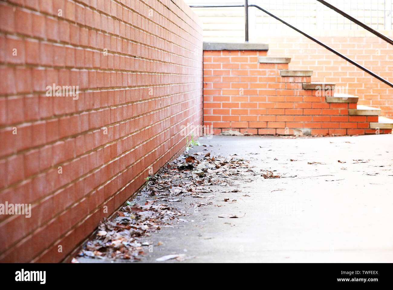Scène de rue d'un coin d'un chemin avec sécher les feuilles d'automne. Perspective profonde avec mur de brique rouge et béton. Pas d'escalier à l'arrière. concept urbain. Banque D'Images
