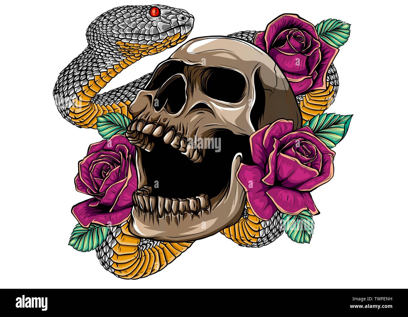 Conception de tatouage coloré avec crâne, roses et serpent. illustration. Illustration de Vecteur