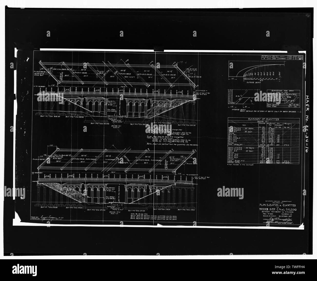 PLAN, ÉLÉVATION ET QUANTITÉS POUR PONTS SUR C.N. ETL. RAILROAD ENTRE NEWBERRY et KINARDS - CSX Railroad Bridge (U.S. Route 76), U.S. Route 76 enjambant la CSX Railroad, Jalapa, Newberry County, SC, Caroline du Sud ; Ministère de l'autoroute de l'état entreprise de construction Cherokee en Caroline du Sud ; Ministère des Transports ; Pennell, J Roy ; Moorefield, Charles H ; Anderson, N S ; Barnwell, Joseph W, Jr ; Harwell, A ; McGowan, Samuel ; Sawyer, Ben M ; Gooding, W J ; C. N. et L. Railroad ; CSX Railroad ; New South Associates, entrepreneur ; Calloway, Deborah, émetteur Banque D'Images